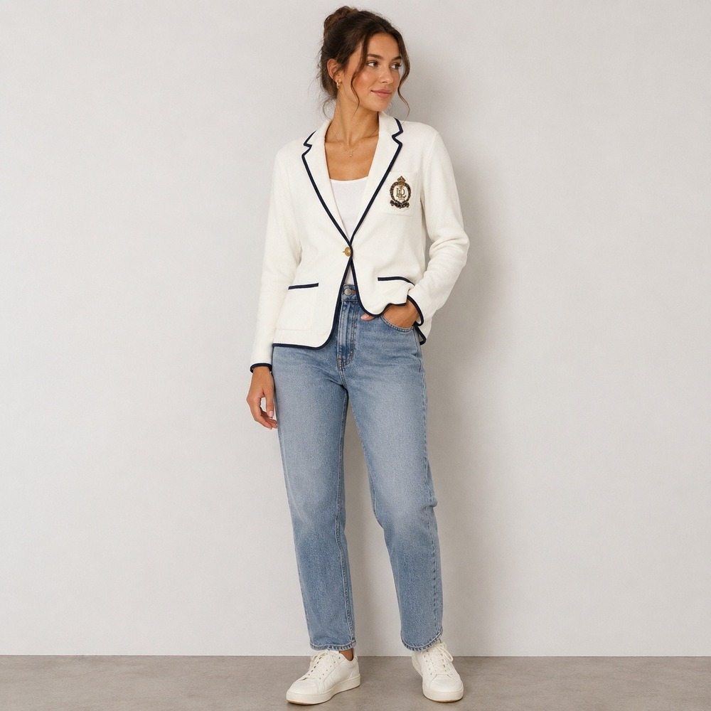 Lauren Ralph Lauren Knit Blazer Cream Navy Blue Bullion Crest Patch Medium